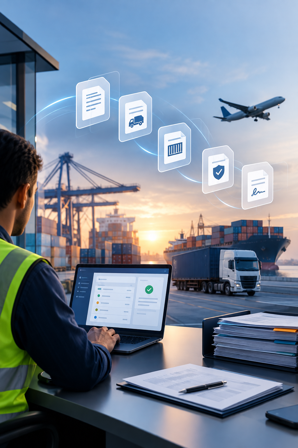 Logistics operations team working with shipment documentation